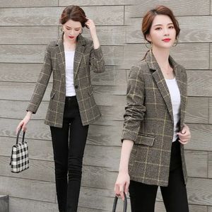 Women's Suits Blazers Work Office Ladies Suit Coat Vintage Single Button Pockets Business Female Blazer Fashion Autumn Women Plaid Blazer Jackets 230306