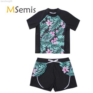 Endelar 2st Kids Girls Swimming Suit Round Neck Kort ärmar Floral Print Top Drawstring Boyshorts Beach badkläder Baddräkter W0310