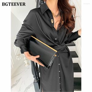 Casual Dresses BGTEEVER Elegant Single-breasted Women Solid Dress 2023 Autumn Lapel Full Sleeve Cross Waist Ladies Split Vestidos Female