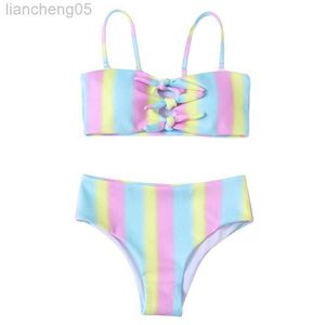 Pieces de uma peeceu Rainbow Print Girls Kids Swimsuithe de roupas de banho Novo verão Kid Bandage Bikinis 2022 Crianças Baby Bandage Biquini Infantil Beachwear W0310