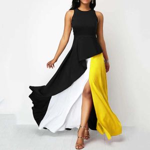 Casual Dresses 2023 Spring New Large Women's Medium and Long Color-blocking Round Neck Large Party Ruffle Dress T230303