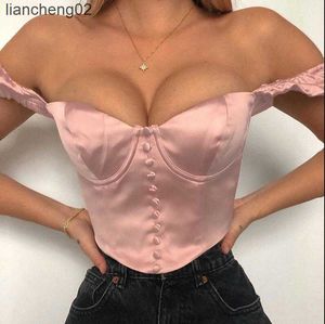 Women's Knits Tees Women's Corset Tops Solid Off Shoulder T-shirt Soft Silk Short Low-cut Chest Solid Elegant Palace Chest Court Top Streetwear Y2k W0306