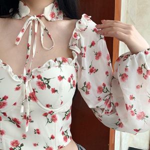 Bloups feminina Roupas de estilo coreano lindas mulheres em promoções colarinho quadrado slim slim sleeved camisa design pequeno top floral pequeno