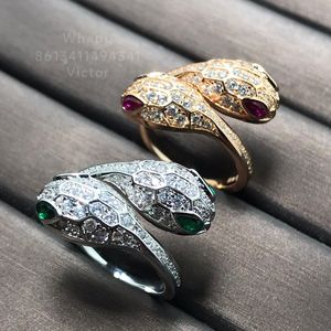Buigari Double Snakehead Designer Ring for Woman Diamond Gold Plated 18K Reproduções oficiais Classic Style Never Fade Fashion Anniversary Gift 012