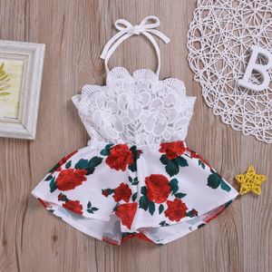 Jumpsuits born Baby Girl Clothes Sleeveless Lace Flower Print Strap Romper Jumpsuit OnePiece Outfit Summer 230303