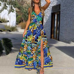 Party Dresses 2023 Summer Women's Dress V-ringning Sling Printed Leaves Beach Holiday Split kjol T230303