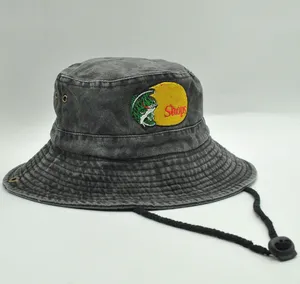 Kvalitet broderi jean fiskare hatt utomhus fiske sol mössa stora grim hink hattar