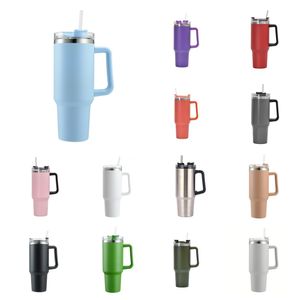 Getränkeutensilien, 1113 ml, Wasserbecher mit flachem Boden, Becher mit Henkel, isolierter Becherdeckel, Strohhalm, Edelstahl, Kaffeetasse, Termos, Outdoor-Tasse, Geschenk, Auto