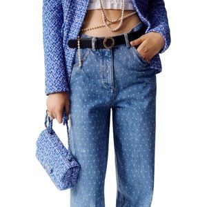 23SS Fw Women Designer Pants Jeans With All-over Letter Pattern Buttons Female High End Milan Runway Brand Casual Jersey Jogging Outwear Denim Straight Long Trouser