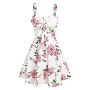 Casual Dresses Floral Print Bowknot Ruffled Mini Escapism Resort Style Sundress Easter Summer Mock Button Ruched Bust Garden Party Dresses Z0216