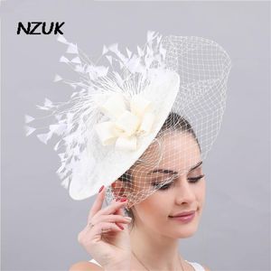 Skąpy brzeg kapelusze nzuk ślubne fainatory lniane siatka ptak welon duże eleganckie kobiety kapelusze księżniczka panna młoda koronkowa kapelusz akesorios de novias 230306