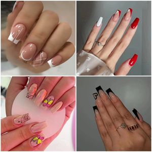 24pcs Press On Nails Short Medium Square Fake Nails Full Cover Butterfly French False Nails for Women Girls