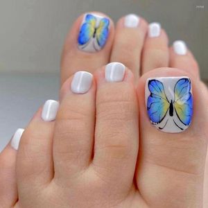 False Nails 24Pcs Blue Butterfly Design Square Head Toes Summer Wearable French Fake Full Cover Manicure Press On Toe Nail