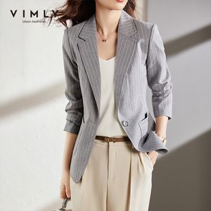 Kvinnors kostymer blazrar Vimly Spring Women's Blazer för kvinnor Kläder Kort randiga kappkontor Lady Business Slim Lång ärmdräkt Jacka Kvinna F8732 230306