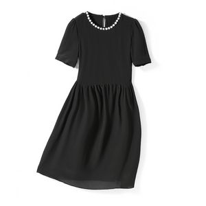 2023 Spring Round Neck Silk Solid Color Beaded Dress Black Short Sleeve Panelled Knee-Length Casual Dresses C2S123186