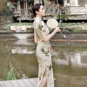 Ethnic Clothing Elegant Lotus Printed Satin Cheongsam Summer Traditional Mandarin Collar Short Sleeve Qipao Retro Chinese Women Dress