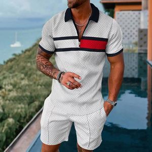 Homens Tracksuits Verão Tracksuit Define Zipper Polo Camisa Oversized 2 Peça Ternos para Homens Negócios Casual Impressão Respirável Moda Homens Roupas 230306