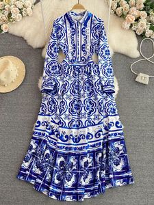 Vestidos casuais pista outono mulheres botão de lapela para manga longa azul e branco porcelana estampa de flor slim big swing party vestidos