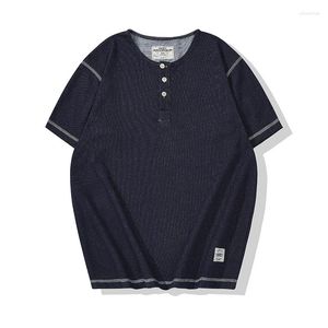 Men's T Shirts Denim PREOT Blue Knit Henley Collar T-Shirt Topstitched Stretch Short Sleeve ORQ