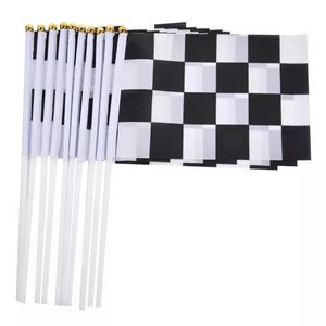 Racing svartvitt rutnät Handsignalflaggor rutiga rutiga handvågflaggor 14x21cm banner med flaggstångsfestival dekoration i0306