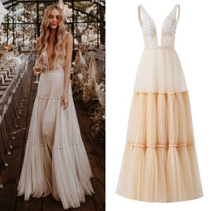 Party Dresses 1333 Boho Deep Sexy V Neck Sleeveless Backless Bridal Beach Tulle Lace Floor Length A Line Champagne Wedding Dress Gown 230306