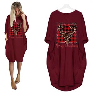 Casual Dresses Womens Christmas Dress Round-Neck Cute Printed Long Sleeve Pocket Skirt Autumn Winter Loose