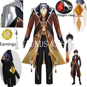 ANIME FRECHES GAME GENSHIN IMPACT ZHONGLI Cosplay Come Zhong Li Archon Luvas de peruca Full Set Ganhando Wig para Men Roupfits Halloween Comic Con Z0301