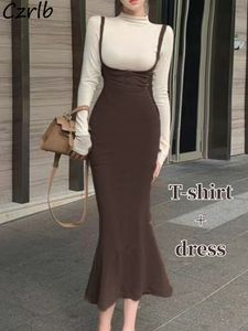 Two Piece Dres Sets Sexy Midi Trumpet Dresses Long Sleeve Half High Collar T shirts 2 Pieces Fashion Simple Autumn Mature Females Ins 230306
