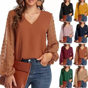 Women's Blouses Fashion Elegant Luxury Woman 2023 Summer Orange V-neck Plus Size T-shirts Women Long-sleeved Loose Chiffon Shirt