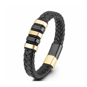 Link Chain Handmade Braided Leather Wristband Bracelets For Men Link Strand Fashion Magnetic Clasp Black Cord Vintage Wrist Band Ro Dh2Zc