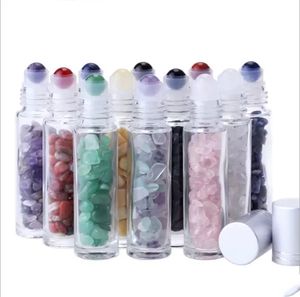 New Essential Oil Diffuser 10ml bottle Clear Glass Roll on Perfume Bottles with Crushed Natural Crystal Quartz Stone Crystal Roller Ball Silver cut lin