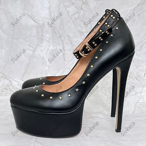 Sukeia Real Photos Women Spring Pumps Studded Ankle Strap Round Toe Sexy Stiletto Heeled Black Club Shoes Plus US Size 5-20