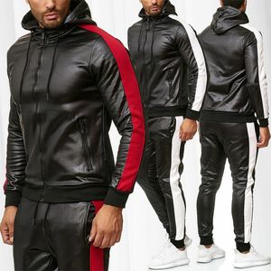 Mens Pu Leather Tracksuit Hoodies Set Casual Sweatsuit Hooded Jacket And Pants Jogging Suit Tracksuits