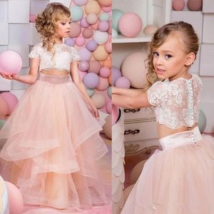 Vestidos Primera Comunion Zweiteiliges Ballkleid-Blumenmädchenkleid Spitze Kleinkind-Glitzer-Festzug-Kleider Hübsches Kinder-Abschlussballkleid