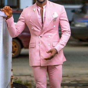 Trajes de hombre Blazers Pink Slim Fit Prom Men con doble botonadura 2 piezas Custom Groom Tuxedo Peaked Lapel Hombre africano Traje de moda Negro
