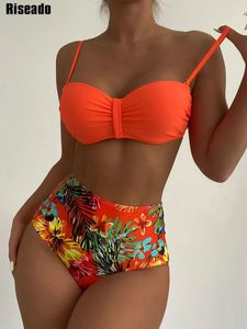 Женские купальные костюмы Riseado High Taiste Bikinis Woman Spexuit Sexy Push Up Swimwear Женщины апельсиновые бикини набор для купания цветочных принтов 230307