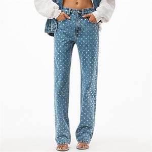 Jeans femininos outono e inverno em um cristal de linha decoram as calças retas da perna reta Moda Nine Parte lápis Y2K 230306