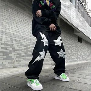 Erkekler kot pantolon Amerikan caddesi moda sokak kıyafeti şimşek yama nakış harajuku kot hip hop pantolonlar erkek y2k 230307