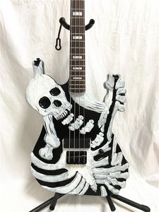 Hand Carved 4-string Skull Electric Bass Guitar with Engraved Closed Pickups Black Hardware