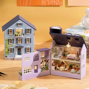Doll House Accessories Diy Wood Miniature Building Kit Doll Hus med möbler Lätt Molan Casa Dollhouse Handgjorda leksaker för flickor Xmas gåvor 230307