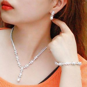 Necklace Earrings Set BeaQueen Elegant 3pcs Women Wedding White CZ Crystal Pearl Engagement Jewellery For Bridal JS335