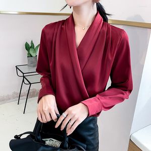 Women's Blouses QOERLIN Pink Chiffon Shirts Deep V Neck Satin Pullover Criss-Cross Slim Long Sleeve Shirt Women Blouse Girl Green Blusa