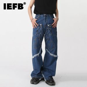 Jeans masculinos IEFB Wear 2023 Spring Casual Denim Troushers High Street Raw Edge Niche Design Multi Pcoket Male Splicado 9A7408 230306