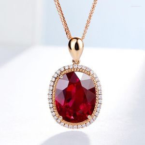 Correntes grandes turmalinas vermelhas ovais cheias de diamantes tesouros de cor banhados com pendente de ouro rosa de 18k feminino primeiro ornamento