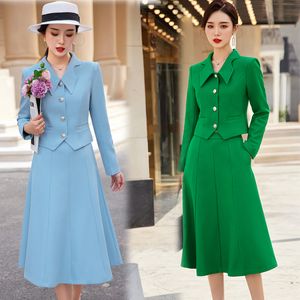 Vestido de duas peças Primavera 2023 Autumn Formal Ladies Green Blazer Feminino Feminino Comercial Com sets Trabalho Use Escritório Uniforme Casa de saia de tamanho grande 230307