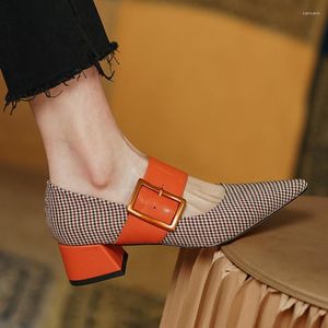 Klänningskor 2023 Spring Women Point Toe Chunky Heel Houndstooth Tyg Högpumpar Fashion Mixed Color Square -knapp