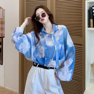 Women's Blouses Shirts BF Rendering Blouse Women Korean Harajuku Loose Blue Sky White Clouds Tie-dye Gradient Blouse Oversize Shirt Long Sleeve Shirt 230306