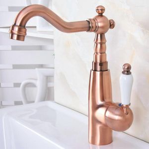 Bathroom Sink Faucets Antique Red Copper Vanity Faucet 360 Rotate Spout Deck Mount Cold Mixer Water Tap Ceramic Handle
