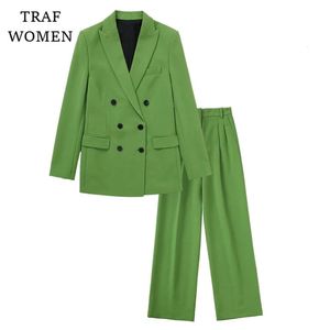 Women's Two Piece Pants WOMEN TRAF Fashion Double Breasted Slim Fit Solid Color Blazer Retro Leisure Female Chic JacketMid Waist Pants Suit 230306