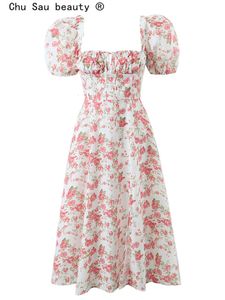 Skirts Women Spring Summer Vintage Fashion Puff Sleeve Floral Print Slim Square Collar Side Slit Long Midi Dress 230306